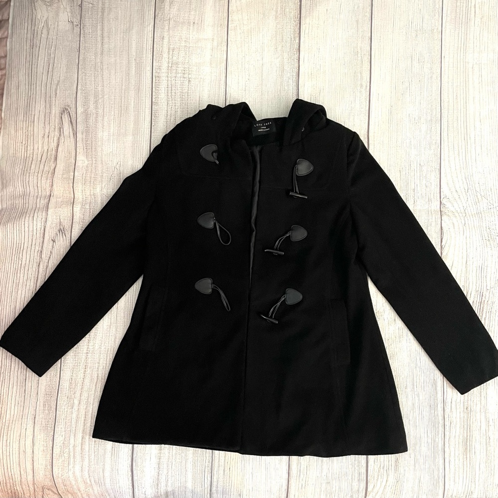 LOVE TREE Women’s Black Winter Wool Pea Coat With Hood & Toggles Size Large - Picture 9 of 9